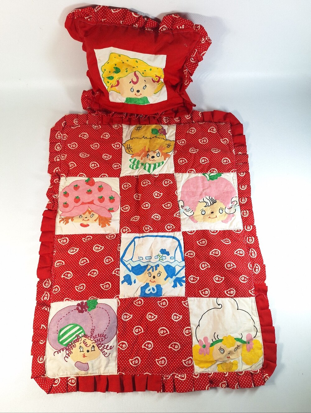 Vtg 1980s Strawberry Shortcake Doll Quilt & Pillow Set Miniature Cradle Blanket